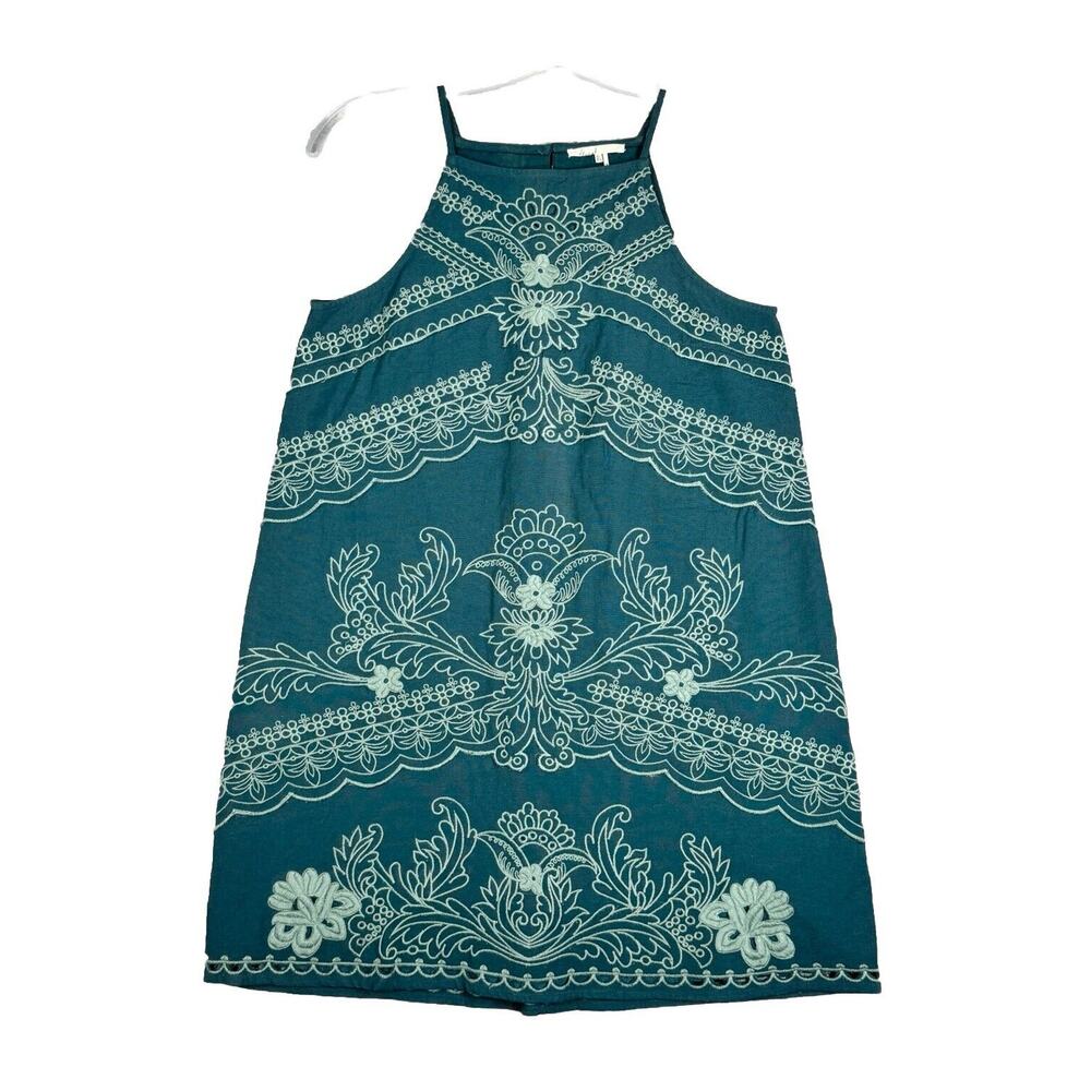 Anthropologie Teal Mini Dress with Cream Embroidery